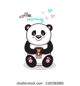 Cute Panda vector character, colorfull illustration panda, vector illustration with text. Coffee morning.