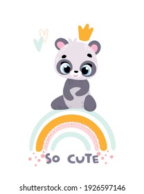 Cute panda. Vector children poster, card. Cute panda sitting on a rainbow