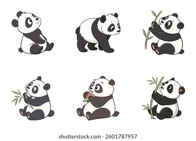 Cute Panda vector collection, cute Panda playing, cute Panda eating isolated on white background.