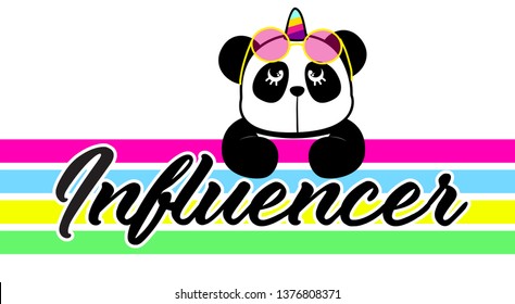 Cute panda vector with fashion slogan and colorful stripes. Can be used for kids or babies t shirt design. Fashion print graphic.Cartoon animal illustration