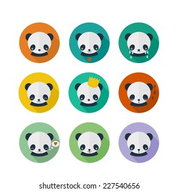 Cute panda vector icons set in flat design. Animal avatars with different emotions
