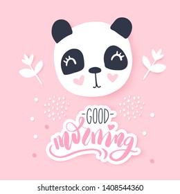 Cute panda vector illustration. Funny Cartoon animal character. Can be used for kids or babies t shirt design. Happy panda bear. Good morning card.