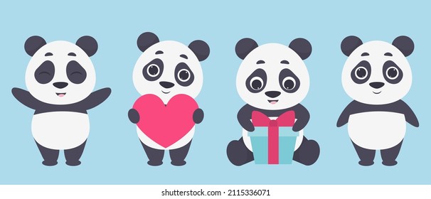 Cute panda vector set. Animals in cartoon style. Bears for valentine's day.

