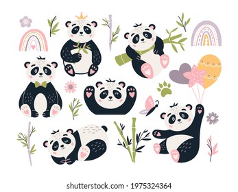 Cute Panda vector set. Baby bear with bamboo. Funny panda character collection on white background. Funny bear for kids party. Cartoon illustration.