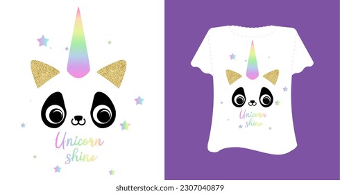 Cute panda Vector slogan with an unicorn on white background. Inspirational quote card, invitation, banner, lettering poster.