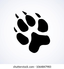 Cute panda walk flat stamp set on white mud backdrop. Dark black ink hand drawn vet logotype emblem badge in retro art engraved contour style. Top detail view with space for text