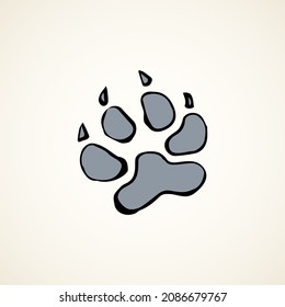 Cute panda walk flat stamp set on white mud backdrop. Freehand line black ink hand drawn vet logotype emblem badge in retro art scribble contour style pen on paper. Top detail view with space for text