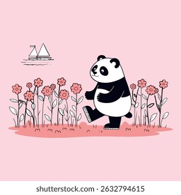 A cute panda is walking through a field of flowers near the sea, with a sailboat in the background. Cartoon style, pink background.
