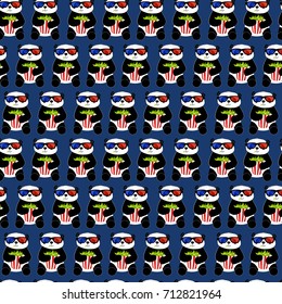 Cute panda watches cinema with 3d glasses and popcorn. Dark blue background. Seamless pattern. Vector illustration