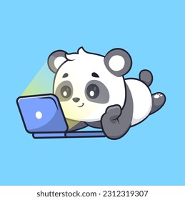 Cute Panda Watching Movie On Laptop Cartoon Vector Icon Illustration. Animal Technology Icon Concept Isolated Premium Vector. Flat Cartoon Style