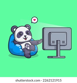 Cute Panda Watching Tv Cartoon Vector Icon Illustration. Animal Technology Icon Concept Isolated Premium Vector. Flat Cartoon Style