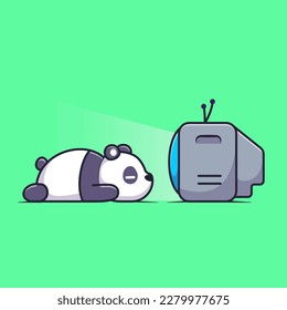 Cute Panda Watching TV Cartoon Vector Icon Illustration. Animal Technology Icon Concept Isolated Premium Vector. Flat Cartoon Style