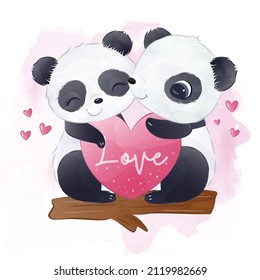 Cute Panda In Watercolor Illustration