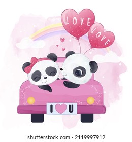 Cute Panda In Watercolor Illustration