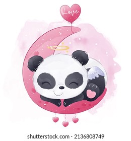 Cute Panda In Watercolor Illustration