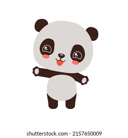 Cute Panda Waving Hand Vector Illustration. Kawaii Style Design. Adorable Panda China Bear Standing With Greeting. Chibi Art Panda Bear. Fun Kids Illustration Isolated On White Background.