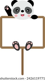 Cute panda waving hanging a blank signboard
