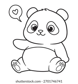 Panda bonito acenando com coração bolha vetor ilustração contorno