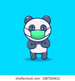 Cute Panda trägt Maske Cartoon Vektorillustration Symbol Illustration. Tiermascot-Zeichen. Tierisches Gesundheitssymbol Konzept weiß isoliert. Flacher Cartoon-Stil, geeignet für Web-Landing-Page, Banner, Flyer, Aufkleber, 