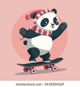 Cute panda wear scarf and play skateboard, vector cartoon illustration