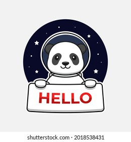 Cute panda wearing astronaut suit carrying hello banner