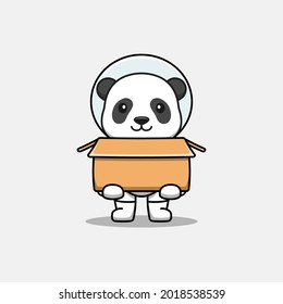 Cute panda wearing astronaut suit carrying cardboard