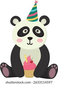 Cute panda wearing a birthday hat and holding a cupcake in its paws. Illustration of party animal 