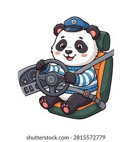 Cute panda wearing a blue captain's hat driving a car