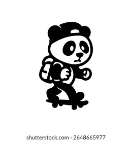 Cute panda wearing a cap and carrying a backpack, skateboarding