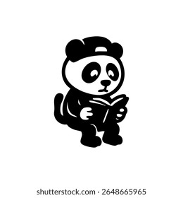 Cute panda wearing a cap, sitting and reading a book
