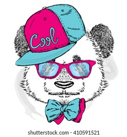 Cute panda wearing a cap and sunglasses. Vector illustration.