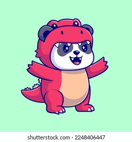 Cute Panda Wearing Dino Costume Cartoon Vector Icon Illustration. Animal Holiday Icon Concept Isolated Premium Vector. Flat Cartoon Style