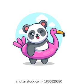 Cute panda wearing flamingo swim ring cartoon