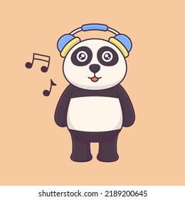 Cute panda wearing headphones listening to a song vector cartoon animal icon illustration