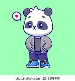 Cute Panda Wearing Jacket And Sneaker Cartoon Vector Icon Illustration. Animal Fashion Icon Concept Isolated Premium Vector. Flat Cartoon Style