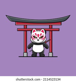 Cute Panda Wearing Kitsune Mask And Katana On Torii Gate Cartoon Vector Icon Illustration. Animal Traditional Icon Concept Isolated Premium Vector. Flat Cartoon Style