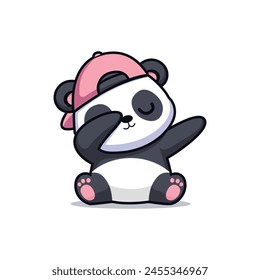 cute panda wearing pink hat dabbing pose cartoon kawaii vector illustration template design