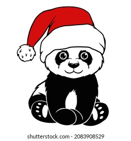 Cute panda wearing santa claus hat. Little christmas panda sitting. Clipart vector illustration svg