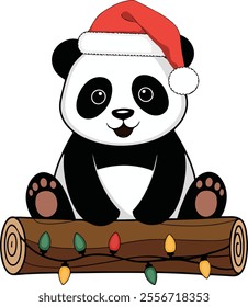 Cute panda wearing santa claus hat.