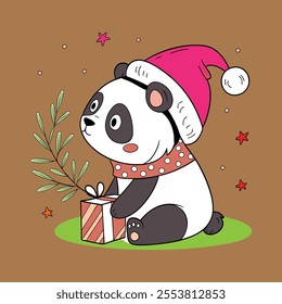 A cute panda wearing Santa clause hat