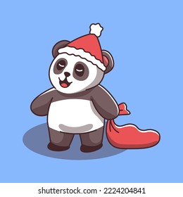 cute panda wearing santa hat holding red sack new year christmas vector character