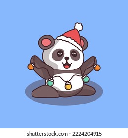 cute panda wearing santa hat holding garland new year christmas vector character