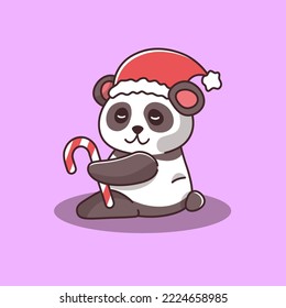 cute panda wearing santa hat holding christmas lollipop new year christmas vector character