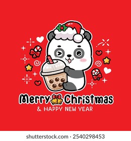 Cute Panda Wearing Santa Hat Hugging Bubble Milk Tea, Celebrate Christmas, Greeting Card