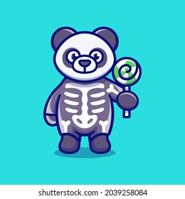 panda lindo con esqueleto disfraz de halloween y llevando lollipop, perfecto para diseño de camisetas de halloween e lindo ícono de halloween animal