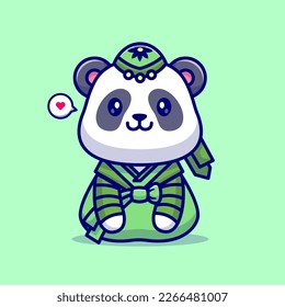 Cute Panda Wearing Traditional China Costume Cartoon Vector Icon Illustration. Animal Holiday Icon Concept Isolated Premium Vector. Flat Cartoon Style