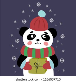 
Cute panda in winter hat, scarf and mittens with a gift in paws on the background of snowflakes, Christmas card