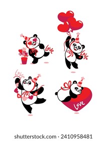 Cute panda wishes you a Happy Valentine's Day. Set of illustrations. Greeting card. Vector.