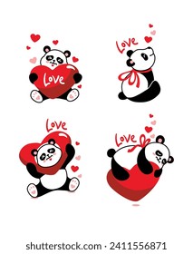 Cute panda wishes you a Happy Valentine's Day. Set of illustrations. Greeting card. Vector.