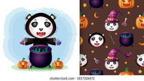 a cute panda with witch costume halloween character collection. seamless pattern and illustration designs